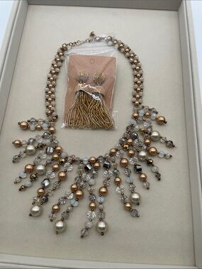 Gold and Faux Pearl Statement Necklace with Bauble Bar Tassel Earrings